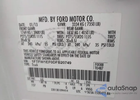 2013 Ford F-150 Platinum из США, поврежденный, VIN 1FTFW1EF0DFB20749